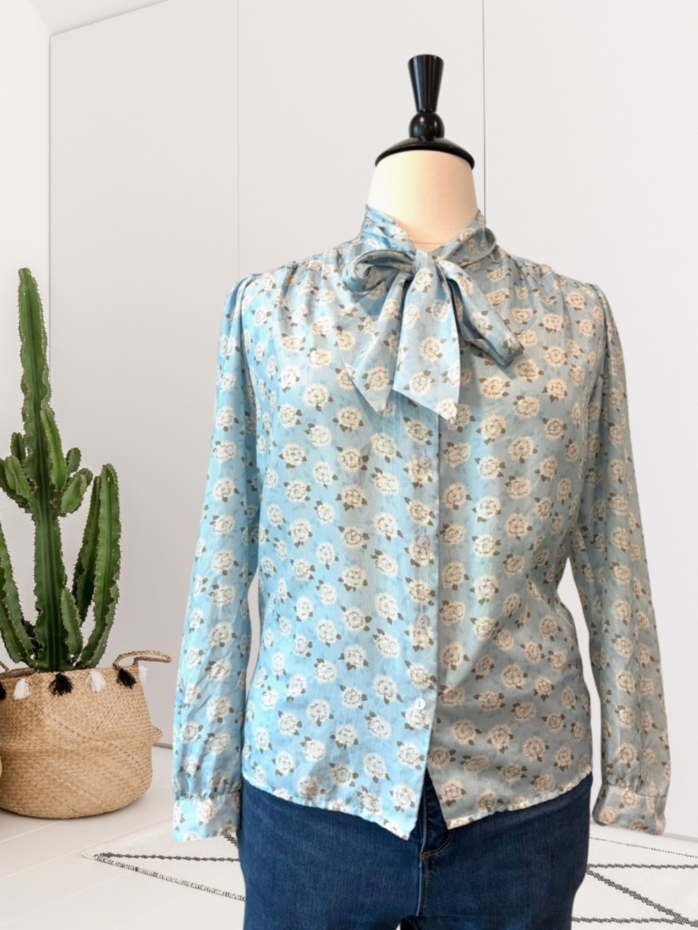 Gianna Vintage Long Sleeve Floral Bow Neck Tie Button Down Top